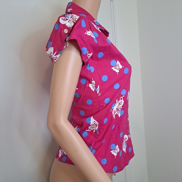 Dead Threads Womens M Shirt Pink Blue Polka Dots Butterfly Girly Button Down - Picture 3 of 11